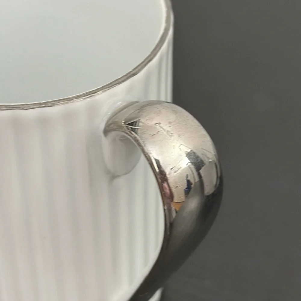 8 Vintage Ucagco White Ribbed Porcelain Silver Trim Demitasse Tea Cups